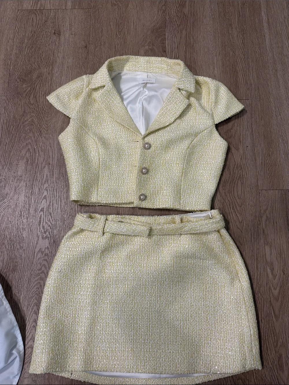 Meshki Cream Tweed Mini Skirt with Belt